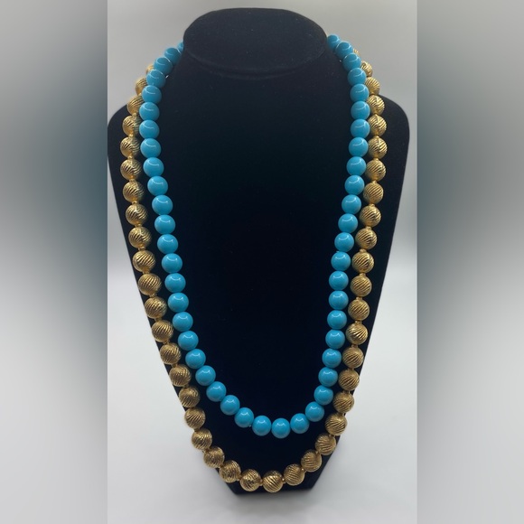 Coro Pegasus Turquoise and Burnished Gold Tone Double Strand Necklace Vintage - Picture 11 of 11